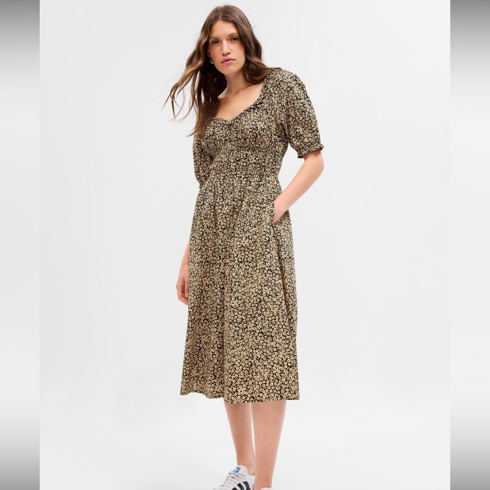 Khaki Tan & Black Floral Puff Sleeve Midi Dress